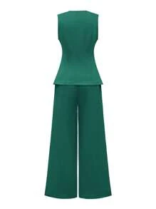 Rafferiza 2 件套：V 领纯色背心和阔腿休闲裤 - 綠色 - 查看 8