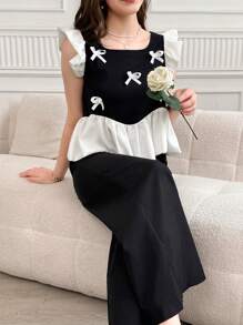 WESTFADE Young Set elegante da 2 pezzi per adolescenti e donne di taglia petite, composto da top con maniche a campana e fiocco, e pantaloni a gamba ampia, adatto per vacanze