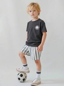 Playful Pals 2pcs Toddler Boys' Casual Loose Graphic Print Round Neck T-Shirt And Striped Print Shorts Set, Comfortable And Versatile For Spring/Summer Outdoor Play And Daily Wear Summer Holiday - Dark Grey - View 7