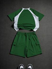 Manfinity Streetrush Set de 2 piezas de camiseta y shorts casuales de verano de hombre con bloques de color