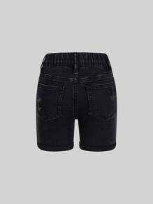 UNG FLICKA URBAN GATULETT DAGLIG ENKEL VÄSTLANDSSTIL MED OMLATTFRAM, HÖG STRETCHIGA SKINNY MID-JEANSSHORTS, Med platta fickor bak och revor, Knappknäppning framtill och upprullad fåll - Svart - Visa 2