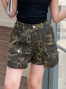 SHEIN Denimly Young Girls Cool Street Style Elastic Waist Multi-Pocket Leopard Denim Shorts,Plus Size,Olive Green,Summer,Casual,Vacation - Coffee Brown - View 3