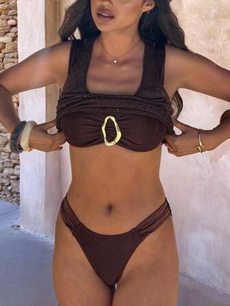 Swim Chiccia Conjunto de bikini básico con top corto sexy para mujer, estilo europeo y americano, traje de baño de playa decorativo para vacaciones