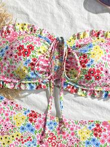 SHEIN Swim 女士两件套海滩度假装：可爱碎花荷叶边抹胸上衣和珍珠装饰抽绳系带比基尼套装 - 彩色 - 查看 3