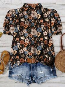 SHEIN CURVE+ Plus Size Women Casual Floral Puff Sleeve Blouse Chic Blouses For Women/Autumn /Winter - White - View 2