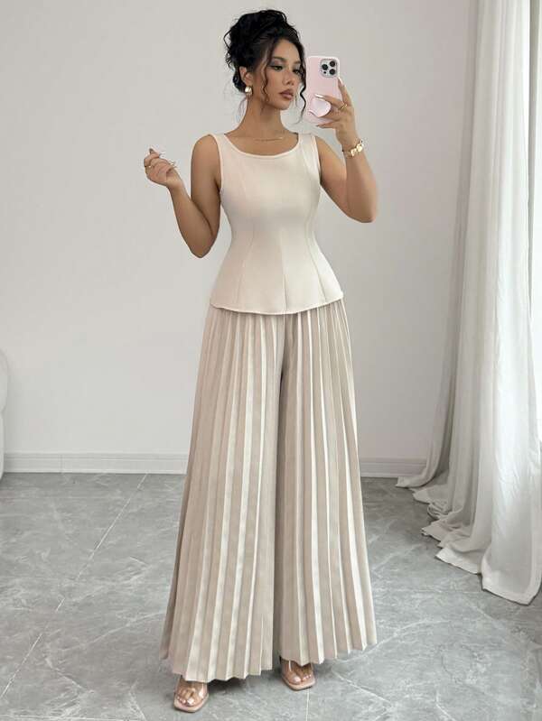 Elenzga Women Summer Apricot Elegant Design Sleeveless Waist Top And Wide Leg Pleated Trousers Set, Unique Design