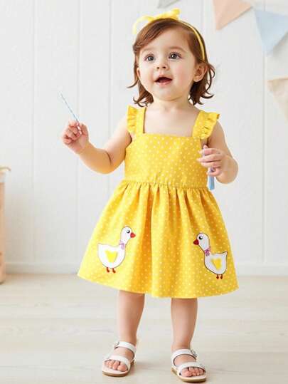 SHEIN Toddler Girls Casual Cute Floral Polka Dot Embroidered Duck Ruffle Hem Cinched Waist Sleeveless Dress, Suitable For Spring/Summer Outings, Vacations, Multi-Occasion
