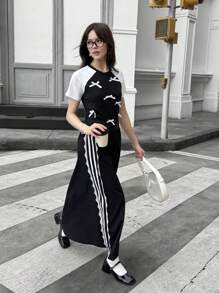 SHEIN 少女夏季蝴蝶结印花插肩袖T恤和迷你裙休闲两件套 - 黑與白 - 查看 6