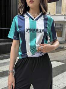 SHEIN Conjunto de camiseta informal con cuello en V, manga corta, estampado de rayas en contraste y texto para adolescentes niñas - Multicolor - Ver 4