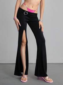 ROMWE Kawaii Women's Fashion Sexy Heart Rhinestone Slit Bell-Bottom Pants - Black - View 5