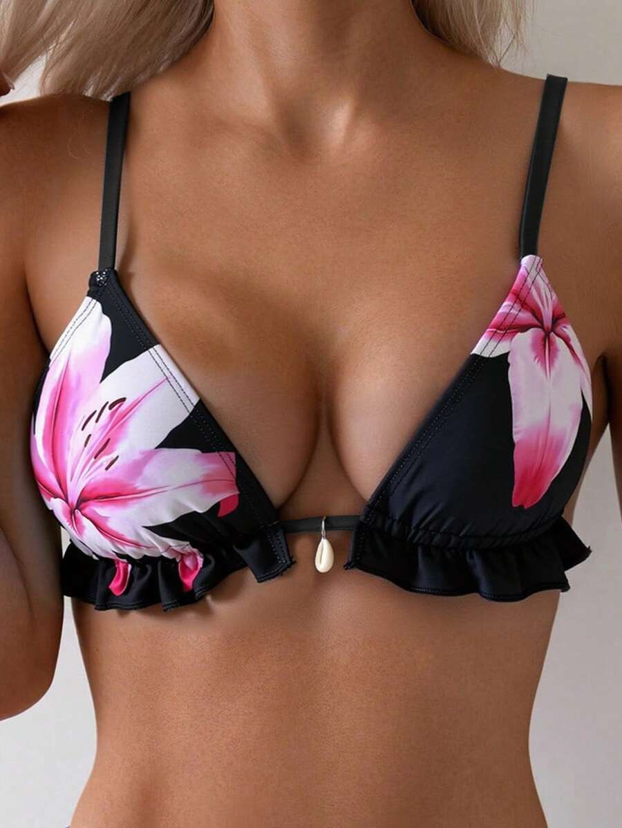 Swim Vcay 女士泳衣上衣，莲花印花，性感吊带三角比基尼泳装 - 彩色 - 查看 1