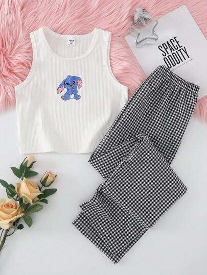 2 pezzi Set di abbigliamento casual per ragazze con canotta a costine con grafica carina di coniglio blu e pantaloni lunghi a quadri, set di abbigliamento comodo per il tempo libero, magliette per ragazze adolescenti, set estivi arcobaleno, Pride