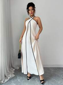 Elenzga Women's Summer Elegant Vacation Apricot Color Block Criss-Cross Backless A-Line Dress