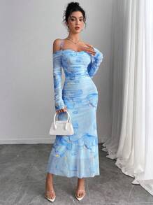 Elenzga 大码女式粉色印花网眼荷叶边露肩修身长袖连衣裙 - 藍色 - 查看 3