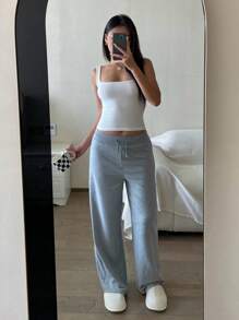 SHEIN Quần ống đứng cạp thấp in họa tiết màu xám phong cách nữ tuổi teen, thích hợp cho mùa hè. - Xám - Xem 4