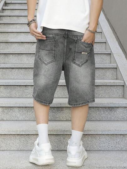 Manfinity EMRG Men's Pockets Loose Wide Leg Casual Versatile Denim Shorts Grey Jean Shorts Men