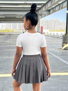 少女心印花短袖上衣和百褶裙休闲两件套 - 灰色 - 查看 2