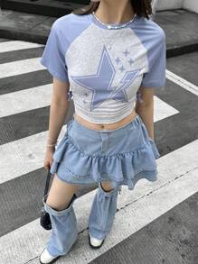 SHEIN 少女撞色五角星印花插肩短袖T恤和荷叶边下摆休闲迷你裙套装 - 藍色 - 查看 6