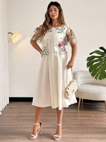 Flirla Vestido de talla grande para mujer con estampado floral bordado, cuello redondo, manga corta abullonada, 2 en 1 de largo medio, adecuado para citas y atuendo de vacaciones - Albaricoque - Ver 4