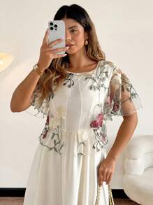 Flirla Vestido de talla grande para mujer con estampado floral bordado, cuello redondo, manga corta abullonada, 2 en 1 de largo medio, adecuado para citas y atuendo de vacaciones - Albaricoque - Ver 5