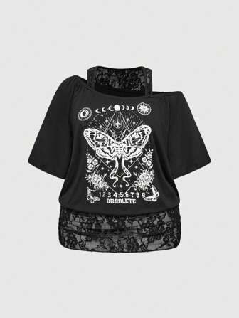 Goth Top de camisola con cuello asimétrico y encaje negro dividido en estilo gótico sexy, camiseta holgada con estampado de calavera y polilla asimétrica para mujer talla grande
