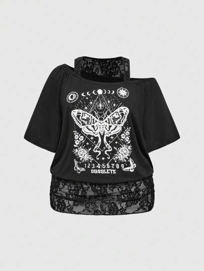Goth Top de camisola con cuello asimétrico y encaje negro dividido en estilo gótico sexy, camiseta holgada con estampado de calavera y polilla asimétrica para mujer talla grande