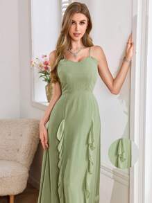 Modelyn French Elegant V-Neck Ruffle Hem Women's Dress - Green - View 1