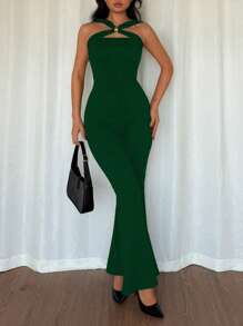Gloray Low-Cut Criss-Cross Metal Buckle Decor Halter Neckline Sexy Bodycon Jumpsuit - Dark Green - View 5