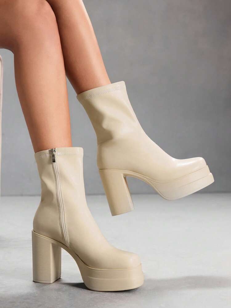 CUCCOO SZL 1 Pair Women Thick Sole High Heel Side Zipper Design Fashion Boots For Christmas Spring Shoes