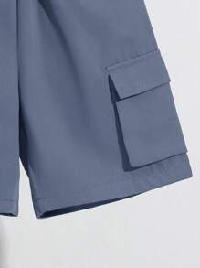 SHEIN 2pcs/Set Young Boy Military Green Half Open Collar Short Sleeve Jacket And Shorts Set, Casual Utility Pockets Suit For Summer Outgoing, Holiday, Sporty Everyday Wear