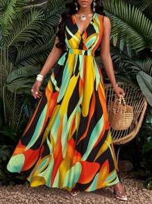 Zolique Đầm Maxi Nữ Cổ Chữ V, Eo, Dệt Kim, Ôm Vừa Vặn, Họa Tiết Nhiệt Đới - trái cam - Xem 6