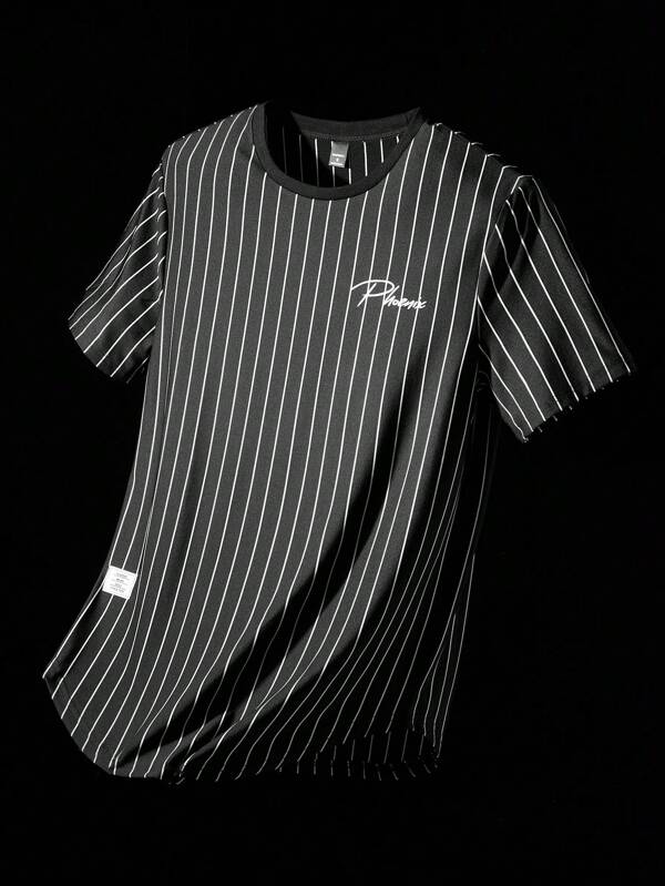 NEON BLANC Tricou bărbătesc cu dungi și detalii grafice cu litere, stil streetwear, vară