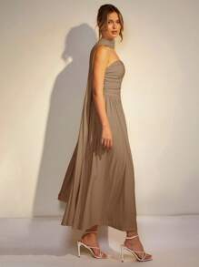 COSMINA Women's Solid Color Splicing Ruffle Trim Elegant Dress - Brown - View 4