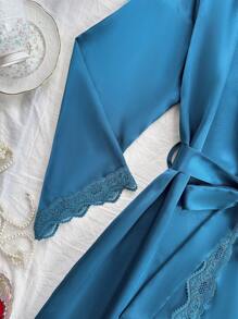 SilkySpell 4pcs Pajama Set Lace Patchwork Faux Silk Camisole, Shorts, Pants And Belted Robe, Fall Winter Clothes - Teal Blue - View 4