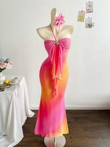 Soleia 女士度假针织网眼渐变色浪漫修身挂脖系带金属扣装饰鱼尾长裙，适合派对、约会、下午茶，性感优雅 - 彩色 - 查看 3