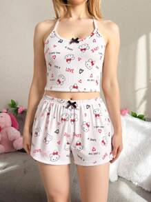 ROMWE Kawaii Süßer Schlafanzug für Frauen mit Schleifenprint von Hasen, lässig und bequem für den Sommer