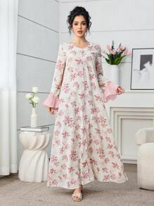 Yasmyna 优雅花卉印花喇叭袖蕾丝花边女式土耳其和阿拉伯传统长款束腰外衣 - 粉色 - 查看 3