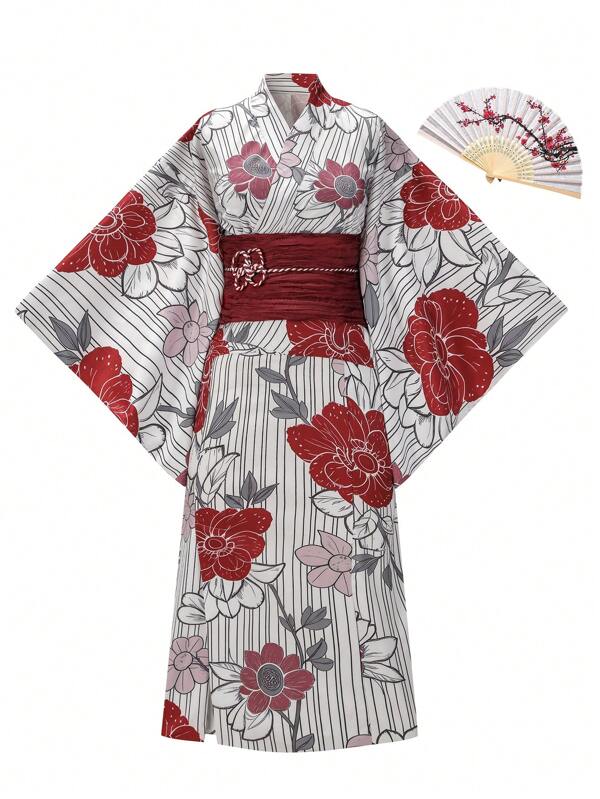 Irokai Japanese Women's Traditional Floral Print Yukata 2-Piece Set, Suitable For Summer Festival Kimono