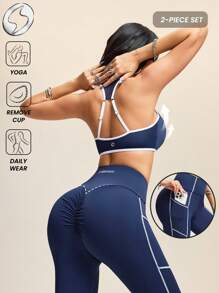 Innovista Innovista Sculpt & Ultra Sports Set,Navy Blue And White,Summer,Athleisure,Gym Active 2pieces Sets,Workout Bra & High Rise Leggings,Squat Free,Buttery Soft - Blue - View 2