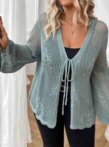 SHEIN LUNE Áo len cardigan nhẹ tay dài dệt kim rỗng rút dây màu trơn cỡ lớn cho nữ, áo khoác nhẹ mùa hè - màu xanh lá - Xem 6