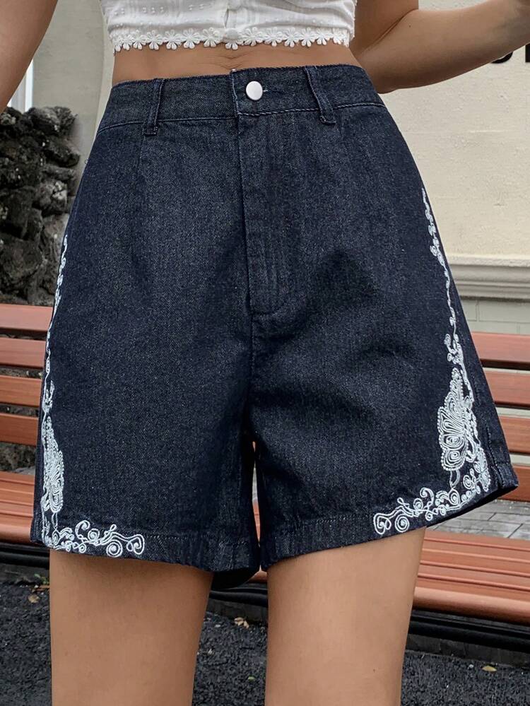 Women's Summer Floral Embroidered Casual Denim Shorts, Street & Vacation Boho Style Jorts