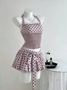 Elamini Bộ 2 món dành cho nữ, Phong cách đường phố Boho, Cổ yếm thắt nút, Họa tiết chấm bi - Hồng - Xem 3