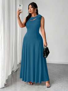 Elenzga Plus Size Women Solid Color Hollow 3D Floral Dress - Turkusowy - Zobacz 1