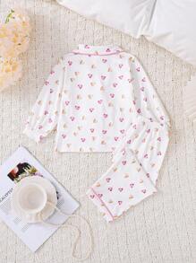 2 件套婴儿/女婴可爱心形印花长袖衬衫和长裤睡衣套装母婴睡衣，儿童女童睡衣 - 粉色 - 查看 2