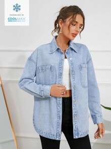 SHEIN Essnce 女式落肩长袖单排扣口袋休闲牛仔衬衫 - 淺色水洗藍 - 查看 7