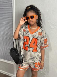 SHEIN 青少年女孩街头休闲 V 领宽松短袖 T 恤和网眼短裤两件套，适合夏季和运动，大数字 24 和迷彩树枝印花 - 綠色 - 查看 6