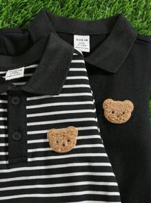 SHEIN 2件套新生男宝宝休闲学院风针织黑白条纹短袖polo衫套装，适合生日派对、晚宴、演出、婚礼、满月、洗礼和一周岁生日庆祝活动，男宝宝连体衣套装，男宝宝服装，黑色条纹连体衣 - 黑色 - 查看 3