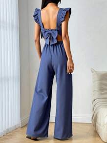 SHEIN 少女夏季纯色水洗无袖露背露背连体裤，带蝴蝶结和荷叶边装饰，休闲风格和休闲版型，女孩夏季海滩波西米亚风度假休闲装，狂欢音乐会节日装，返校 - 深色水洗藍 - 查看 3