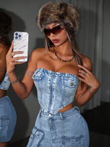 SHEIN ICON Blusa entallada de denim azul corta para mujeres - Lavado ligero - Ver 6