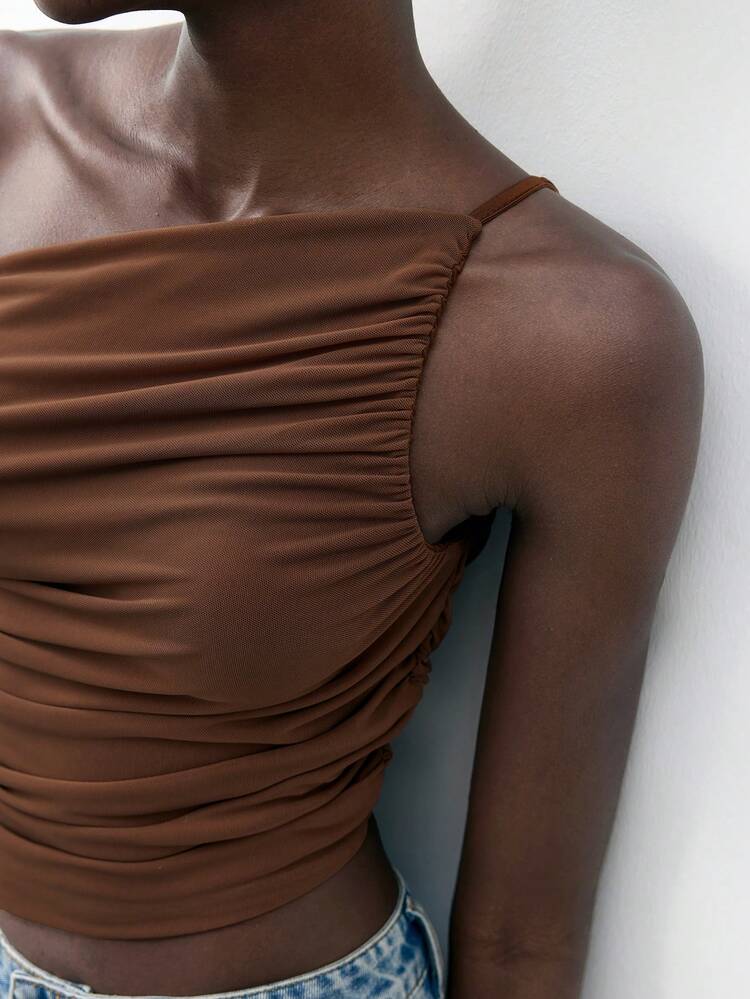 SHEIN Maija New Coffee Brown Asymmetrical Cut Asymmetric Design One Shoulder Tie-Up Ruched Women Top, Spring/Summer Women Easter Party Top Beach Holiday Brown Top Casual Travel Romantic, Fashion, Versatile; Suitable For Summer Vacation, Comfortable, Bohemian Style, Beach Wear, Simple Daily Wear, Country Style, Essential, Solid Color, Holiday Casual